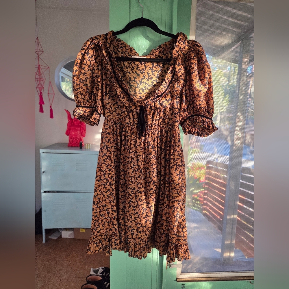 Doen Marcella Black and Gold Floral Mini Dress S